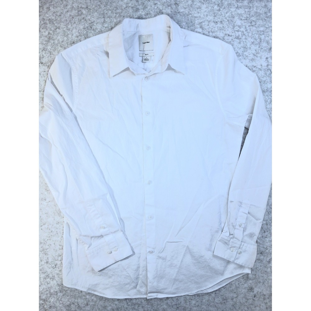 Calvin Klein Slim Fit Men Dress Shirt M White Long Sleeve Button Front CK Logo